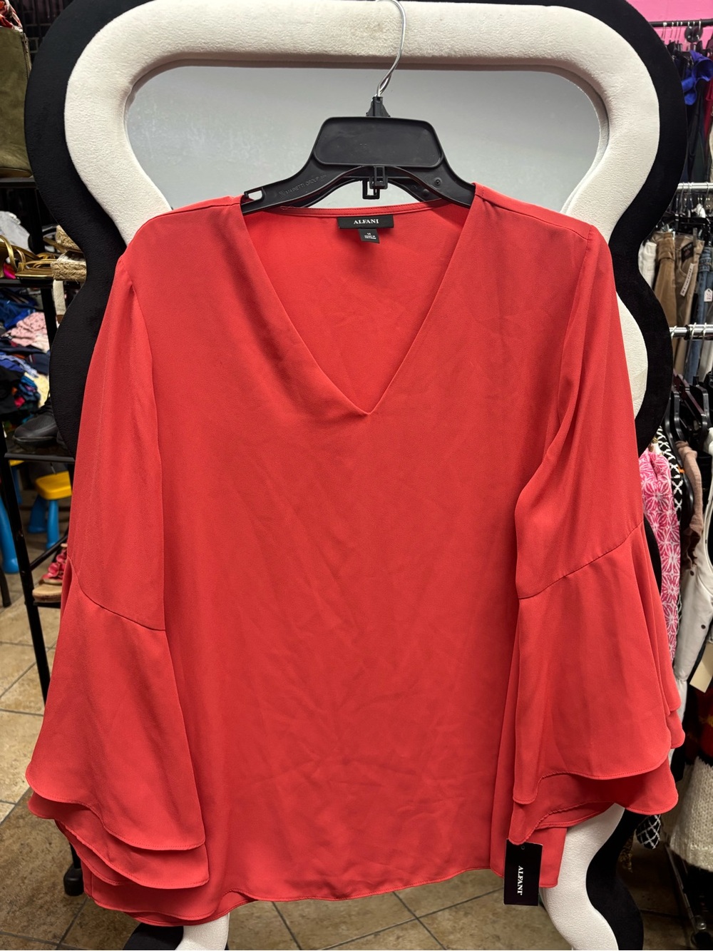 Alfani Coral Red V Neck Bell Sleeve Blouse